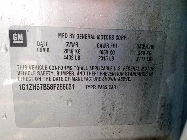 1G1ZH57B58F286031 - 2008 CHEVROLET MALIBU 1LT SILVER photo 10