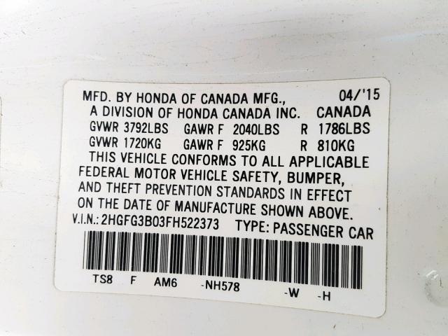 2HGFG3B03FH522373 - 2015 HONDA CIVIC EXL 白色 照片 10