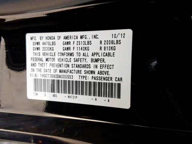 1HGCT2B80DA000553 - 2013 HONDA ACCORD EXL BLACK photo 10