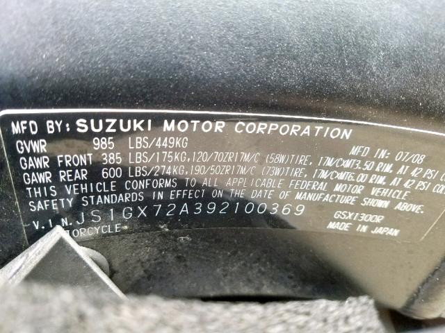 JS1GX72A392100369 - 2009 SUZUKI GSX1300 R SILVER photo 10