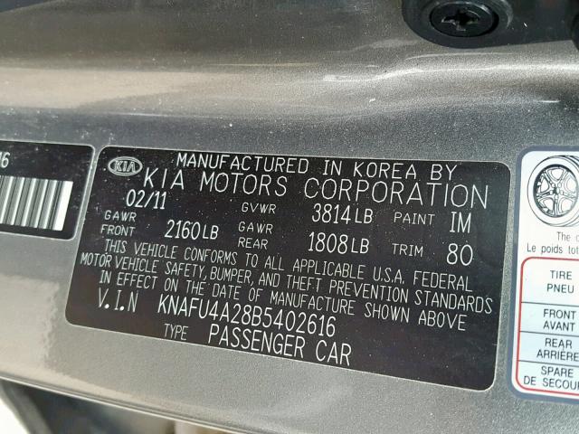 KNAFU4A28B5402616 - 2011 KIA FORTE EX GRAY photo 10