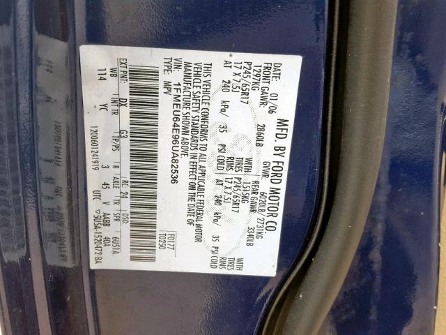 1FMEU64E96UA82536 - 2006 FORD EXPLORER E BLUE photo 10