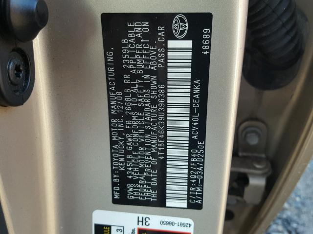 4T1BE46K39U396386 - 2009 TOYOTA CAMRY BEIGE photo 10