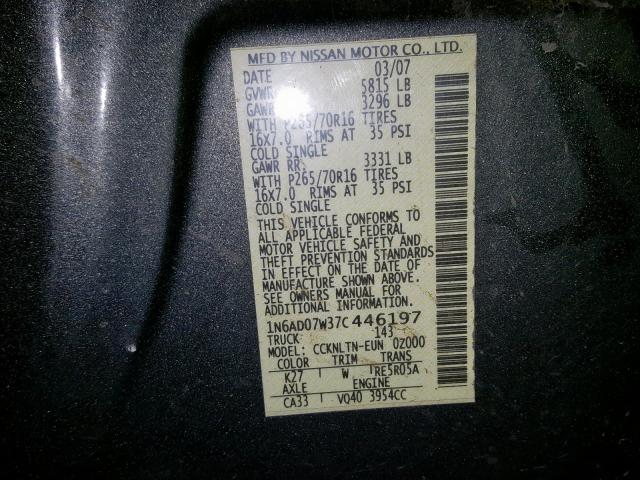 1N6AD07W37C446197 - 2007 NISSAN FRONTIER C GRAY photo 10