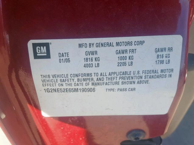 1G2NE52E65M190906 - 2005 PONTIAC GRAND AM S MAROON photo 10