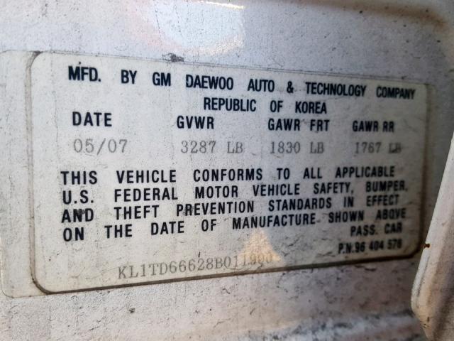 KL1TD66628B011900 - 2008 CHEVROLET AVEO BASE თეთრი ფოტო 10