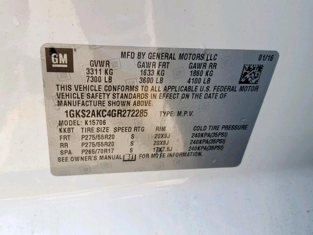 1GKS2AKC4GR272285 - 2016 GMC YUKON SLE WHITE photo 10