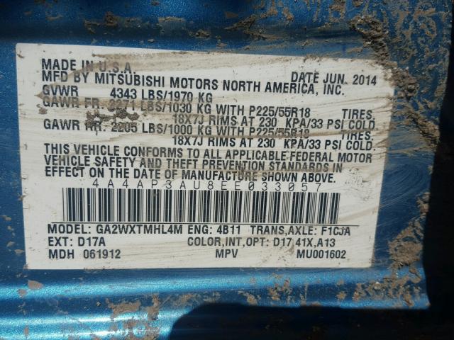 4A4AP3AU8EE033057 - 2014 MITSUBISHI OUTLANDER BLUE photo 10