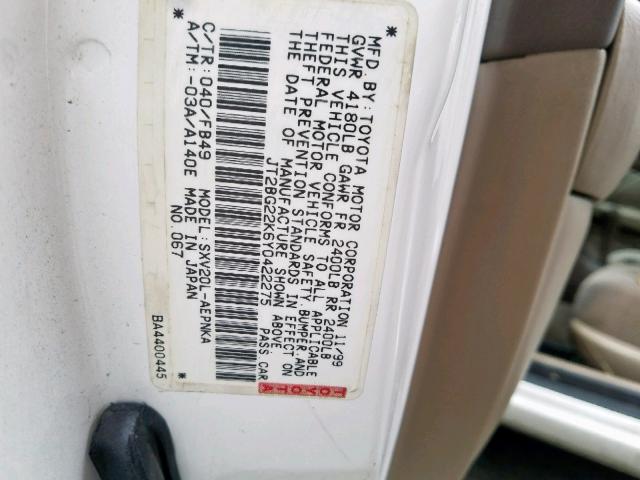 JT2BG22K6Y0422275 - 2000 TOYOTA CAMRY CE WHITE photo 10