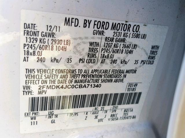 2FMDK4JC0CBA71340 - 2012 FORD EDGE SEL WHITE photo 10