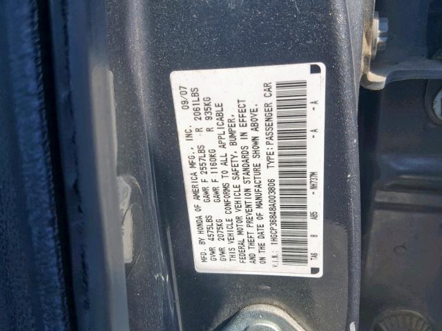 1HGCP36848A003806 - 2008 HONDA ACCORD EXL GRAY photo 10