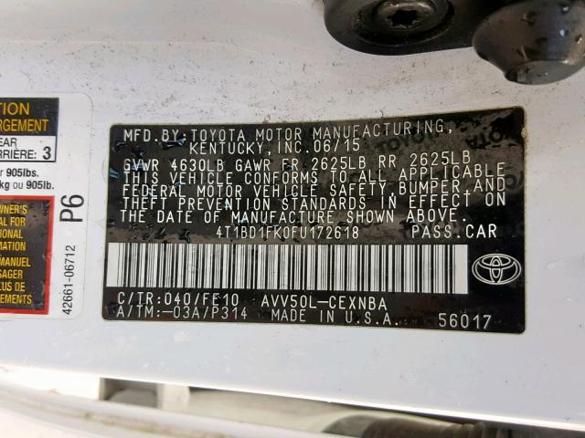 4T1BD1FK0FU172618 - 2015 TOYOTA CAMRY HYBR WHITE photo 10