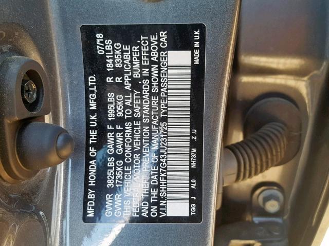 SHHFK7G43JU231725 - 2018 HONDA CIVIC SPOR GRAY photo 10