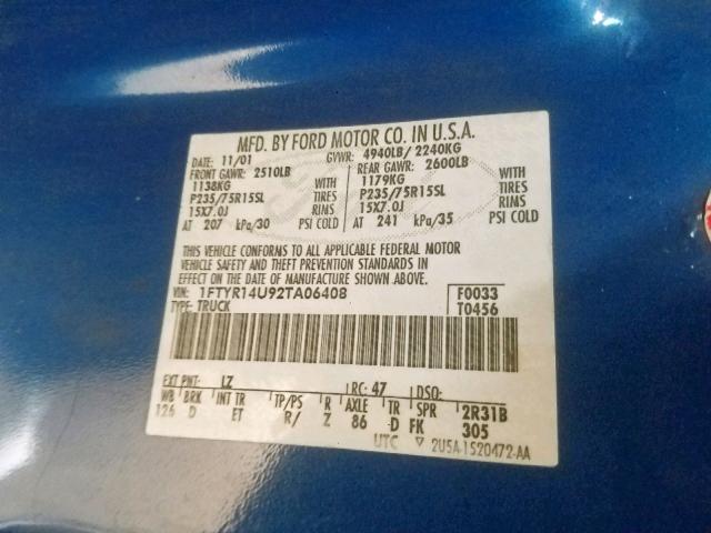 1FTYR14U92TA06408 - 2002 FORD RANGER SUP BLUE photo 10