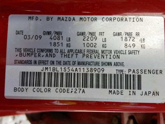 JM1BL1S54A1138909 - 2010 MAZDA 3 S RED photo 10