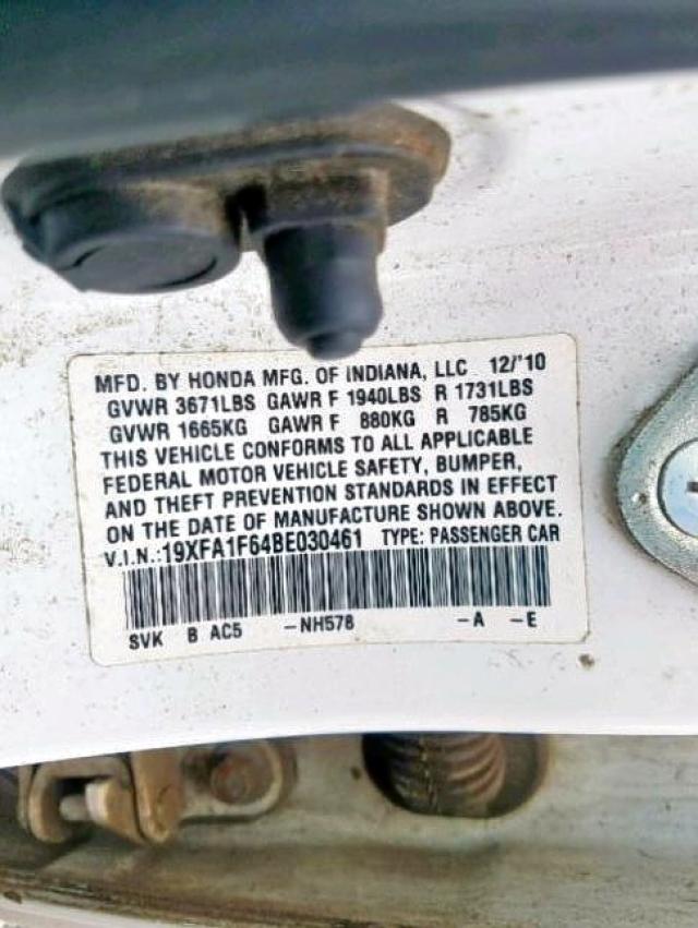 19XFA1F64BE030461 - 2011 HONDA CIVIC LX-S Ağ foto 10
