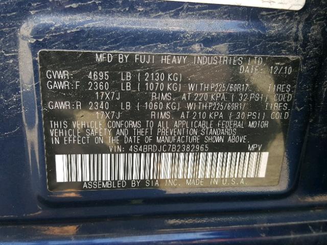 4S4BRDJC7B2382965 - 2011 SUBARU OUTBACK 3. BLUE photo 10