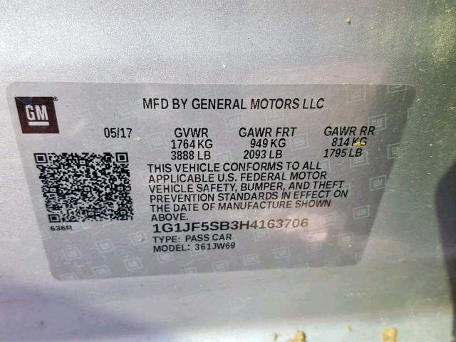 1G1JF5SB3H4163706 - 2017 CHEVROLET SONIC PREM SILVER photo 10