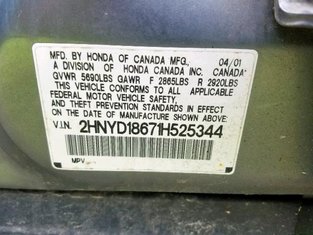 2HNYD18671H525344 - 2001 ACURA MDX TOURIN GRAY photo 10