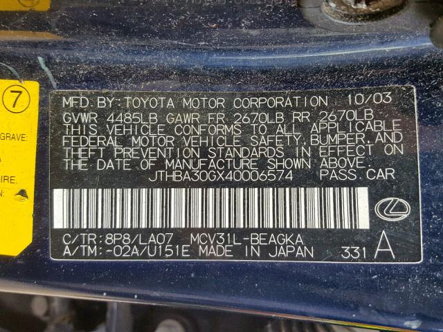 JTHBA30GX40006574 - 2004 LEXUS ES 330 BLUE photo 10