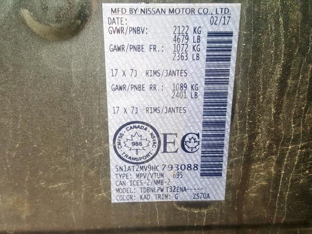 5N1AT2MV9HC793088 - 2017 NISSAN ROGUE SV GRAY photo 10