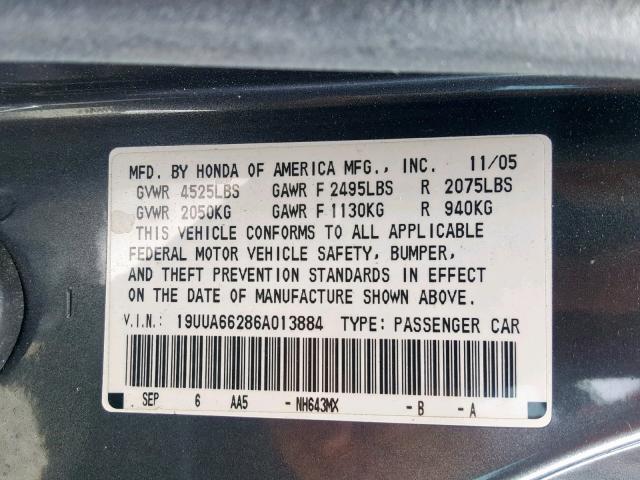 19UUA66286A013884 - 2006 ACURA 3.2TL BLACK photo 10