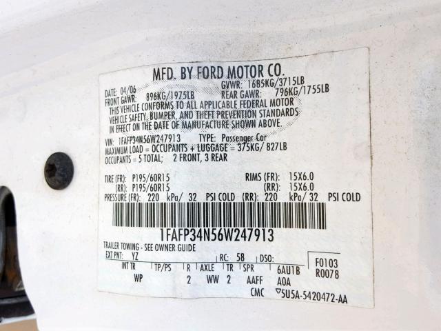 1FAFP34N56W247913 - 2006 FORD FOCUS ZX4 WHITE photo 10