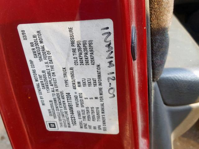 1GCCS1444W8177204 - 1998 CHEVROLET S TRUCK S1 RED photo 10