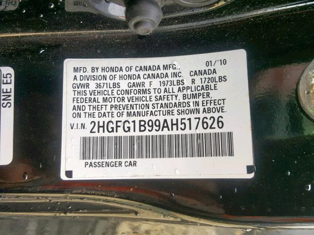 2HGFG1B99AH517626 - 2010 HONDA CIVIC EXL 黑色 照片 10