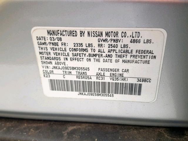 JNKAJ09E58M305545 - 2008 INFINITI EX35 BASE Gümüş foto 10