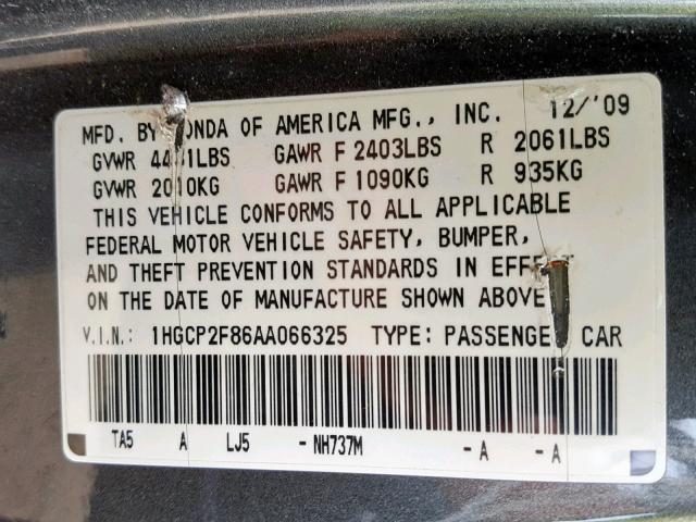 1HGCP2F86AA066325 - 2010 HONDA ACCORD EXL GRAY photo 10