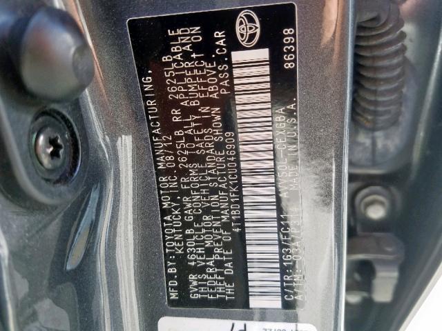 4T1BD1FK1CU046909 - 2012 TOYOTA CAMRY HYBR SILVER photo 10