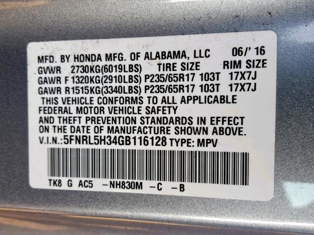 5FNRL5H34GB116128 - 2016 HONDA ODYSSEY SE SILVER photo 10