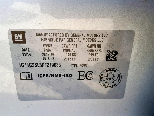 1G11C5SL3FF219033 - 2015 CHEVROLET MALIBU 1LT SILVER photo 10