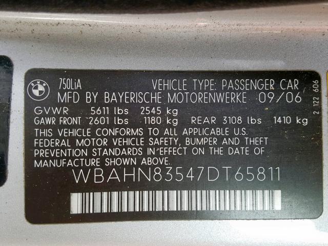 WBAHN83547DT65811 - 2007 BMW 750 SILVER photo 10