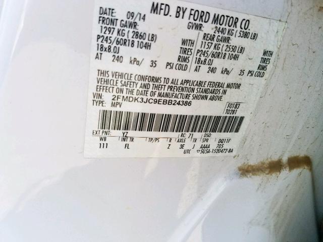 2FMDK3JC9EBB24386 - 2014 FORD EDGE SEL WHITE photo 10