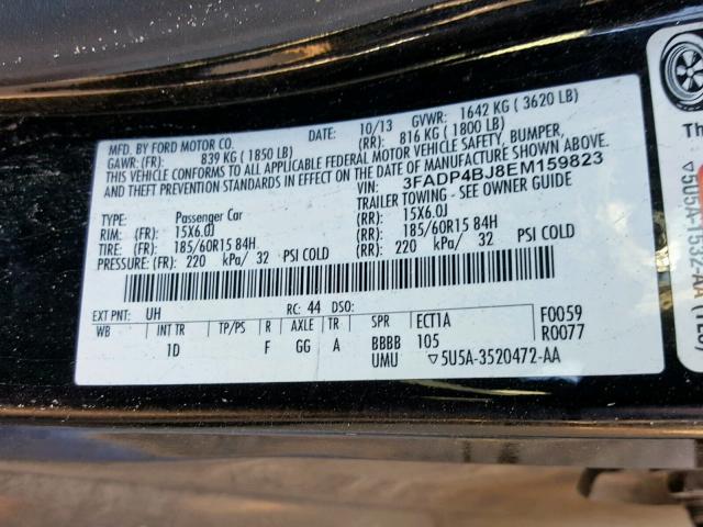 3FADP4BJ8EM159823 - 2014 FORD FIESTA SE BLACK photo 10