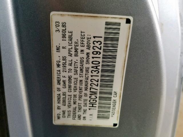 1HGCM72213A019231 - 2003 HONDA ACCORD LX SILVER photo 10