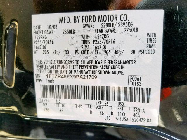 1FTZR45EX9PA21709 - 2009 FORD RANGER SUP BLACK photo 10