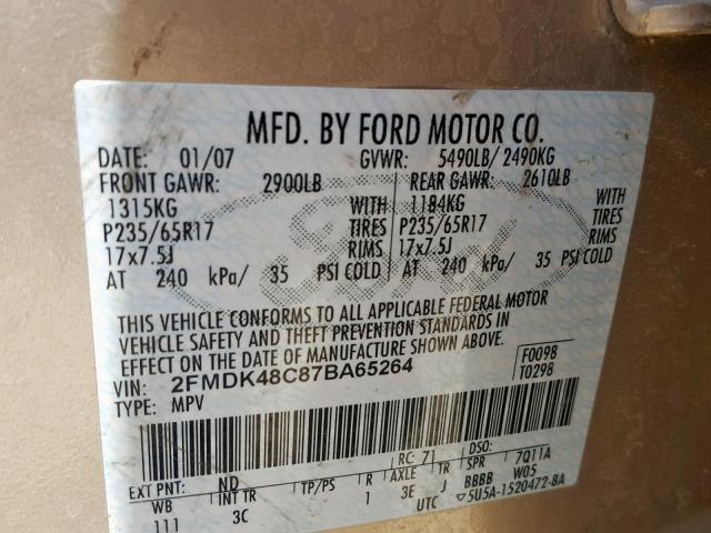 2FMDK48C87BA65264 - 2007 FORD EDGE SEL GOLD photo 10