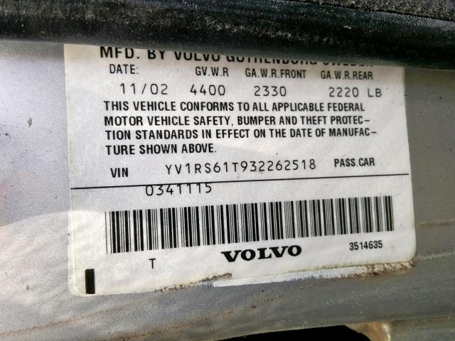 YV1RS61T932262518 - 2003 VOLVO S60 SILVER photo 10