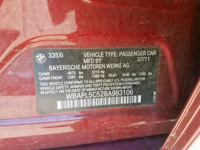 WBAPL5C52BA983106 - 2011 BMW 335 XI RED photo 10