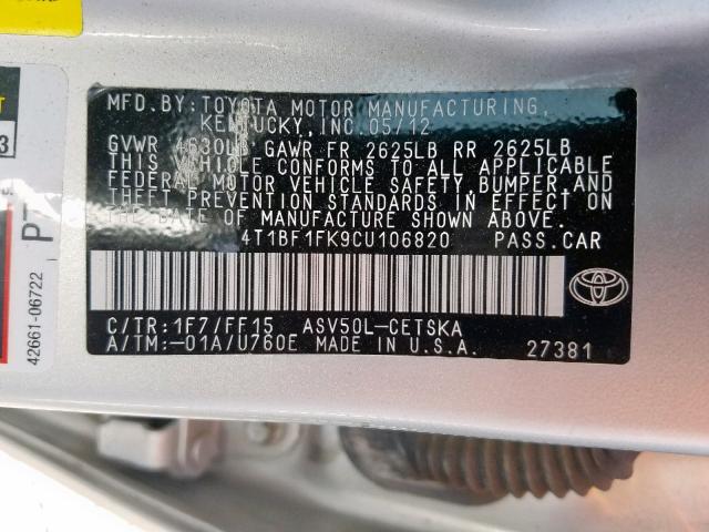 4T1BF1FK9CU106820 - 2012 TOYOTA CAMRY BASE SILVER photo 10