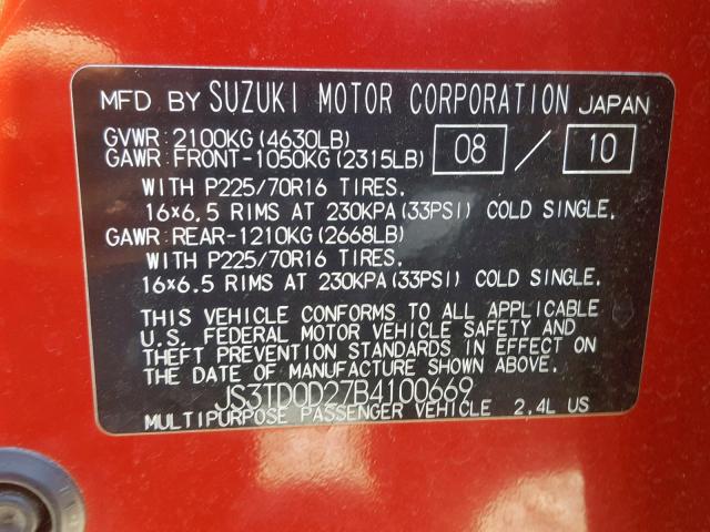 JS3TD0D27B4100669 - 2011 SUZUKI GRAND VITA RED photo 10