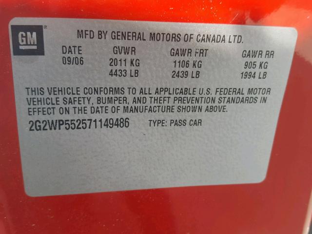 2G2WP552571149486 - 2007 PONTIAC GRAND PRIX RED photo 10