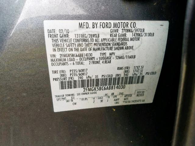 2FMGK5BC6ABB14030 - 2010 FORD FLEX SE GRAY photo 10