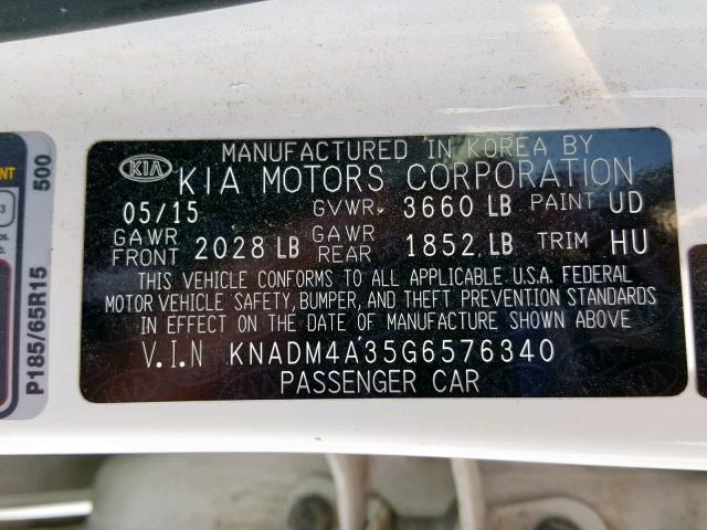 KNADM4A35G6576340 - 2016 KIA RIO LX WHITE photo 10