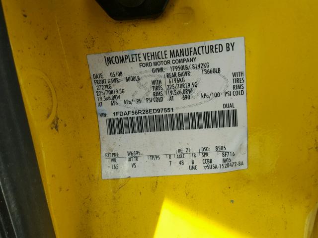 1FDAF56R28ED97551 - 2008 FORD F550 SUPER YELLOW photo 10