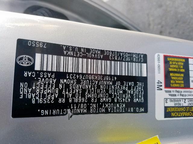 4T1BF3EK9BU764231 - 2011 TOYOTA CAMRY BASE SILVER photo 10