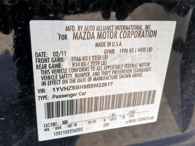 1YVHZ8BH9B5M22617 - 2011 MAZDA 6 I BLACK photo 10